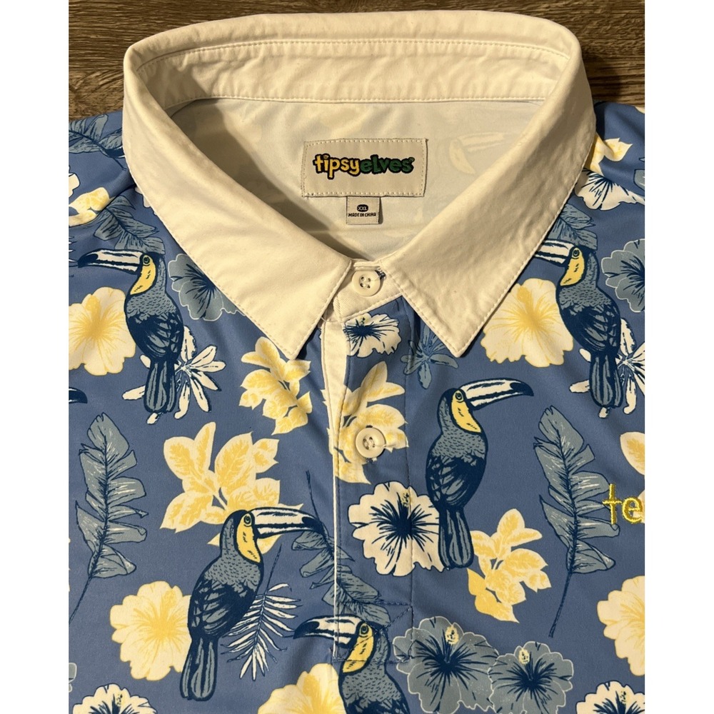 Tipsy Elves Performance Stretch Golf Polo, Blue Floral Tropical Toucan Size 2XL